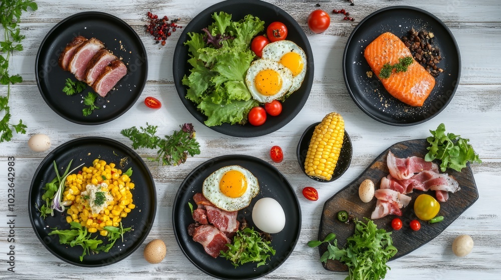 A variety of healthy breakfast foods on black plates, including eggs, bacon, salmon, corn, and salad, arranged on a white wooden background. A variety of healthy breakfast foods on black plates, including eggs, bacon, salmon, corn, and salad, arranged on a white wooden background.