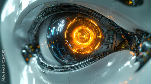 3D Macro Shot of AI-Driven Robotic Eye Processing Glowing Vision Data | Futuristic Close-Up Icon Representing AI Technology and Precision on White Background