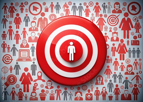 A bright red bullseye surrounded by diverse demographic icons, including age, gender, and occupation silhouettes, emphasizes focus on understanding consumer needs and preferences.