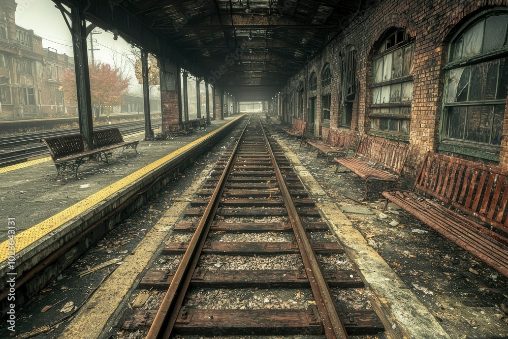 A Single Track Railway Through An Abandoned Train Station A Single Track Railway Through An Abandoned Train Station