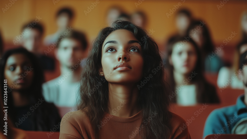Fototapeta premium A photograph of a diverse group of students listening attentively in a lecture hall, representing academic life and knowledge.