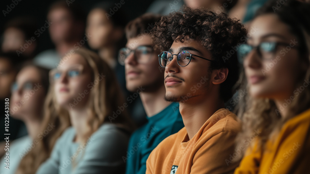 A photograph of a diverse group of students listening attentively in a lecture hall, representing academic life and knowledge. A photograph of a diverse group of students listening attentively in a lecture hall, representing academic life and knowledge.