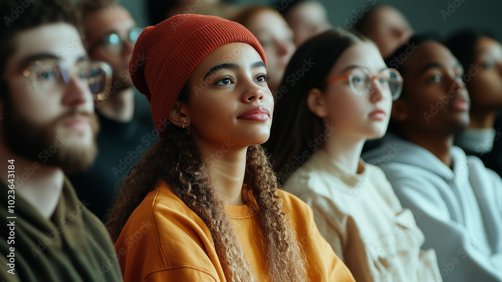 A photograph of a diverse group of students listening attentively in a lecture hall, representing academic life and knowledge. A photograph of a diverse group of students listening attentively in a lecture hall, representing academic life and knowledge.
