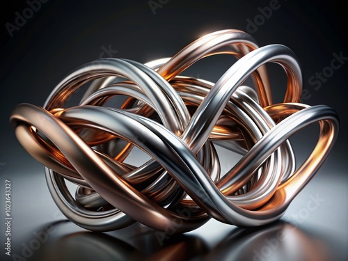 Abstract modern metal sculpture featuring intricately twisted silver and copper pipes forming a dynamic, futuristic shape, set against a dark, gradient background.