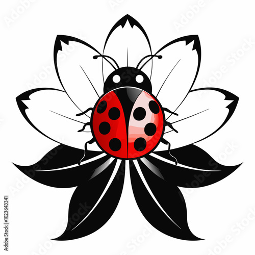 A ladybug resting on a flower silhouette vector illustration on white background