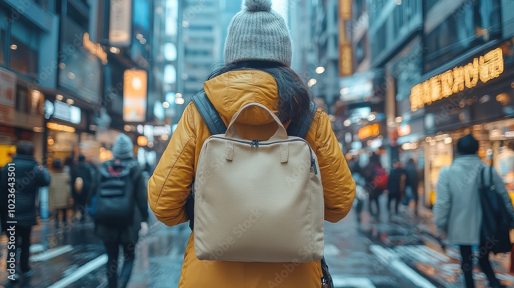 Woman in Yellow Jacket Walking Through a Busy City Street