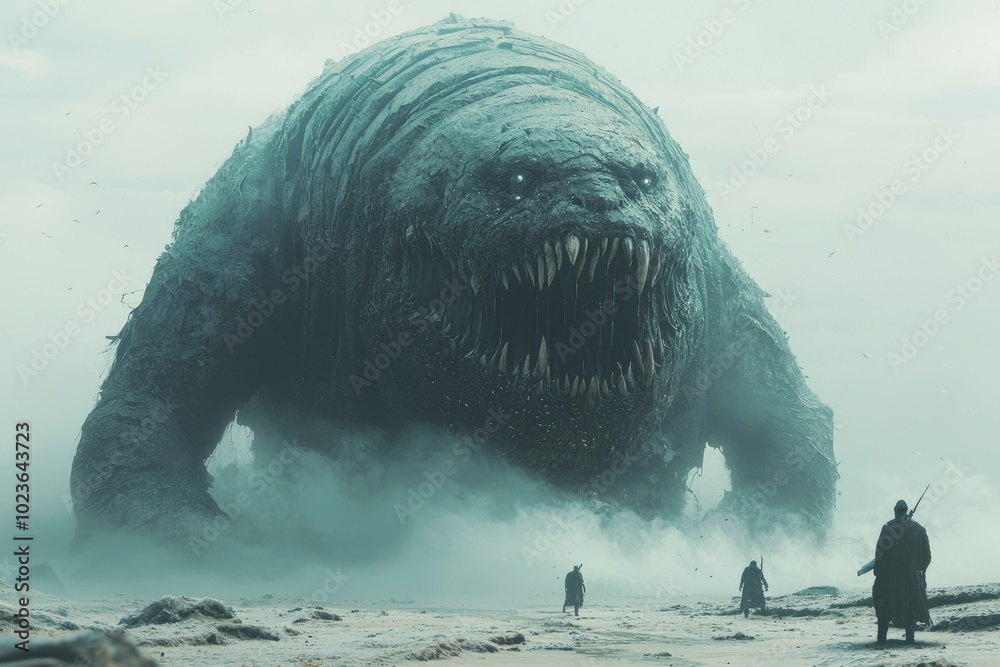 Obraz premium A Monstrous Creature Looms Over Tiny Figures in a Foggy, Desolate Landscape