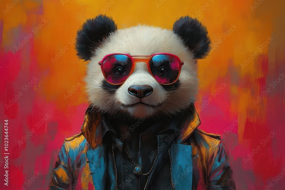 stylish panda wearing vibrant sunglasses and a colorful suit exuding charm and confidence the background is playful and bright enhancing the whimsical nature of this dapper bear stylish panda wearing vibrant sunglasses and a colorful suit exuding charm and confidence the background is playful and bright enhancing the whimsical nature of this dapper bear