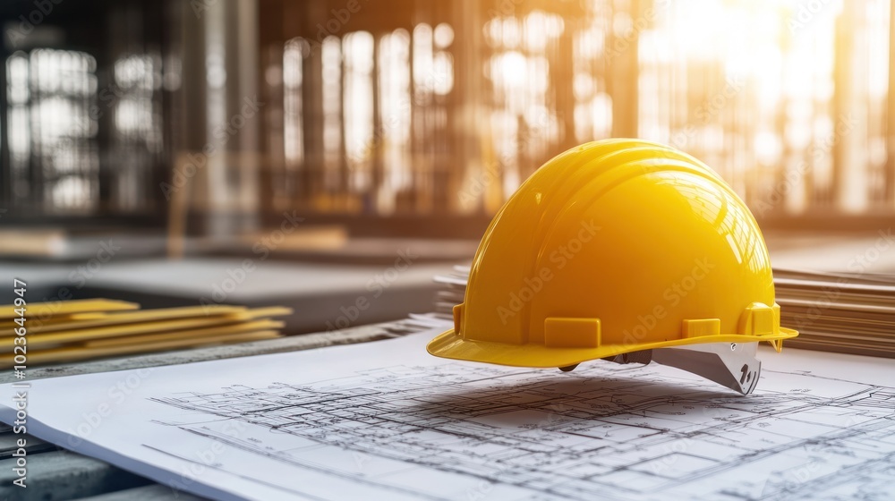 A yellow hard hat sits on top of blueprints in a construction site, with a bright sunlight shining through the window in the background. A yellow hard hat sits on top of blueprints in a construction site, with a bright sunlight shining through the window in the background.