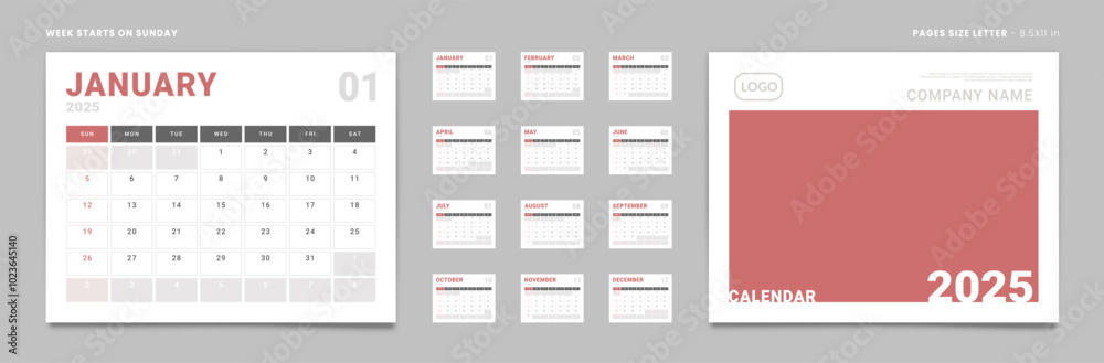 Obraz premium Set of 2025 Pages Monthly Calendar Planner Templates, Cover with Place for Photo, Company Logo. Vector pages for wall or desk calendar. Page size Letter -8.5x11 in for Print. Week start Sunday