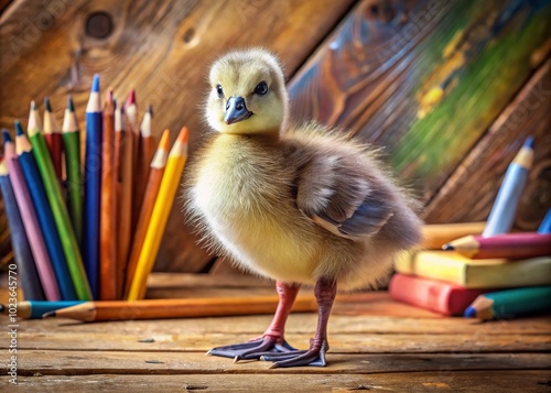 Adorable baby goose, soft gray feathers and beak, stands beside a rustic wooden pencil, surrounded by scattered colorful drawings on a worn wooden table.