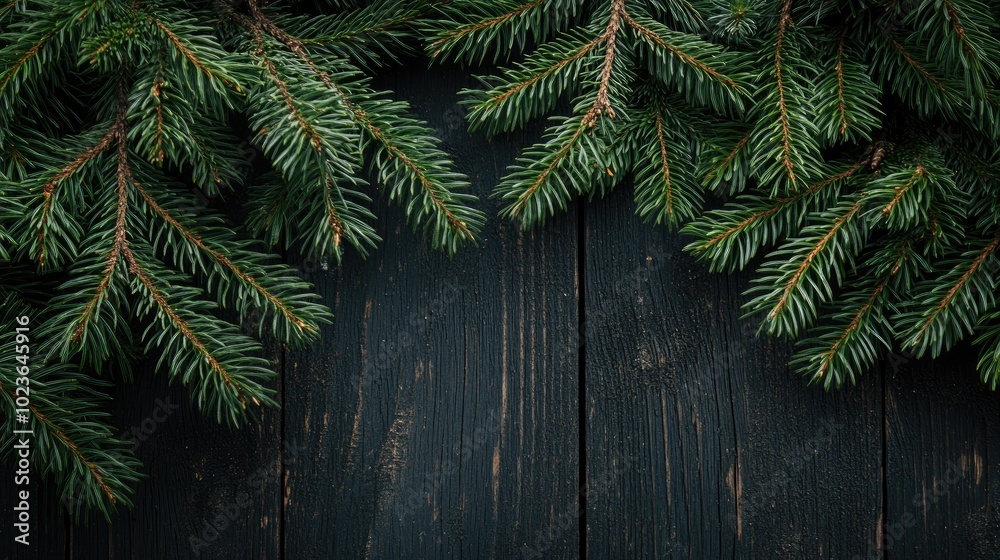 Close up of lush green pine branches set against a dark wooden surface Close up of lush green pine branches set against a dark wooden surface