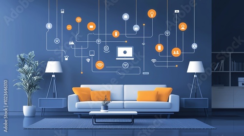 Wallpaper Mural Modern living room with blue wall, stylish couch, orange pillows, and digital connectivity design for a contemporary feel. Torontodigital.ca