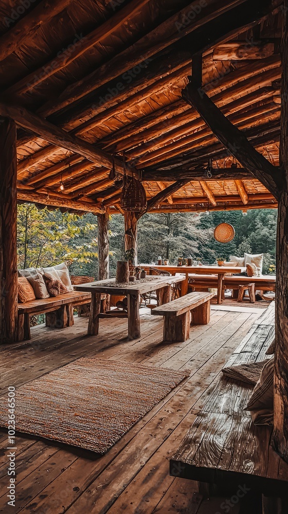 Cozy Rustic Cabin Interior with Wooden Furniture Cozy Rustic Cabin Interior with Wooden Furniture