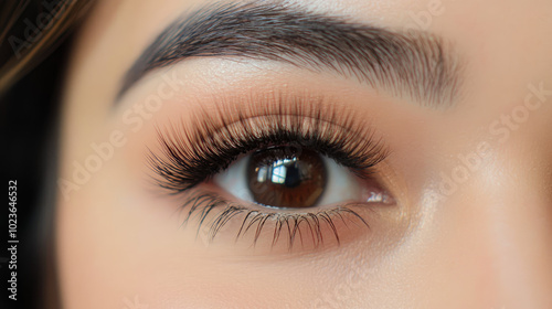 Close-up of beautifully applied classic eyelash extensions, highlighting their length and curl against a background of soft, natural light.