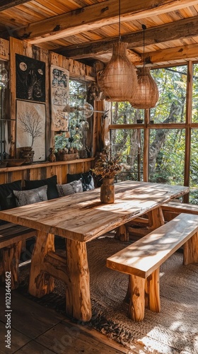 Rustic Cabin Interior with Wooden Furniture