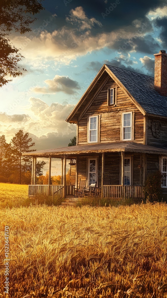 Rustic Farmhouse with Wooden Beams at Sunset Rustic Farmhouse with Wooden Beams at Sunset