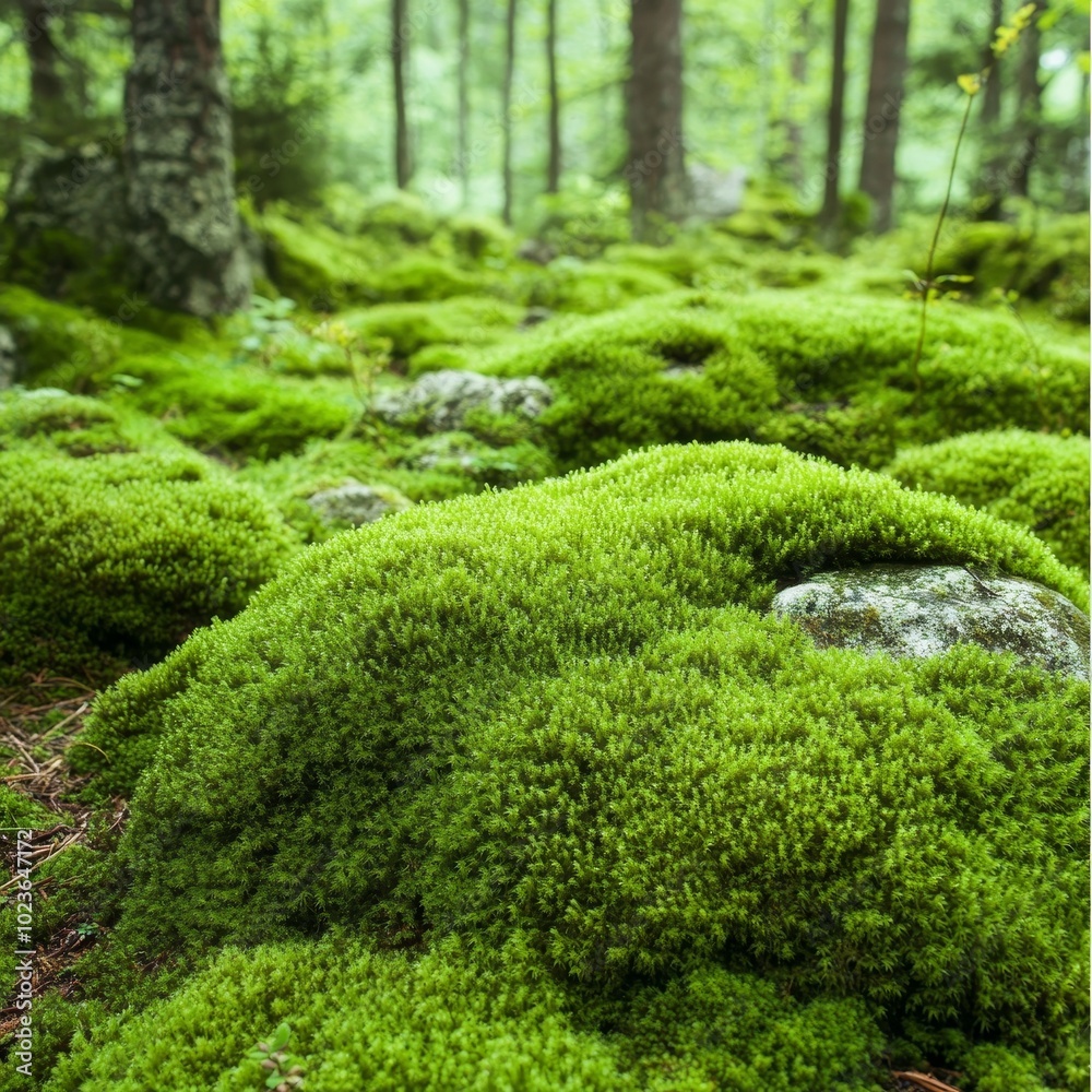 Lush Emerald Green Carpet, Forest Floor Covered in Vibrant Moss and Bathed in Sunlight