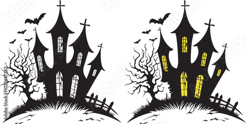 Gothic haunted house halloween cartoon vector concepts. Spooky dark creepy ghostly eerie Halloween illustration featuring a haunted house with bats. Silhouette of a castle vector photo