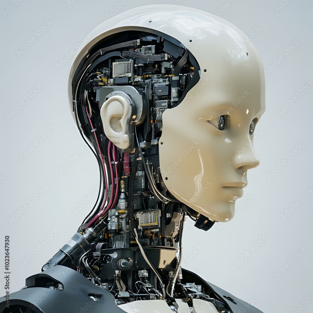 Fototapeta premium Human-like robot with exposed mechanical details, AI future concept.