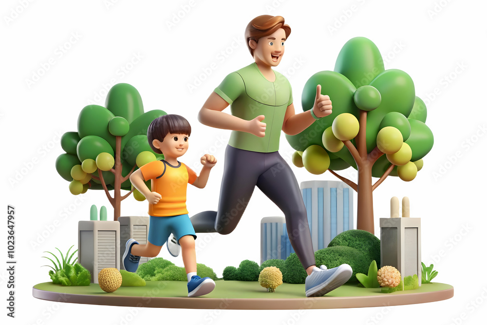 Candid Shot of Parent and Child Jogging in City Park - Family Fitness Bonding and Active Lifestyle for Outdoor Wellness Programs Candid Shot of Parent and Child Jogging in City Park - Family Fitness Bonding and Active Lifestyle for Outdoor Wellness Programs