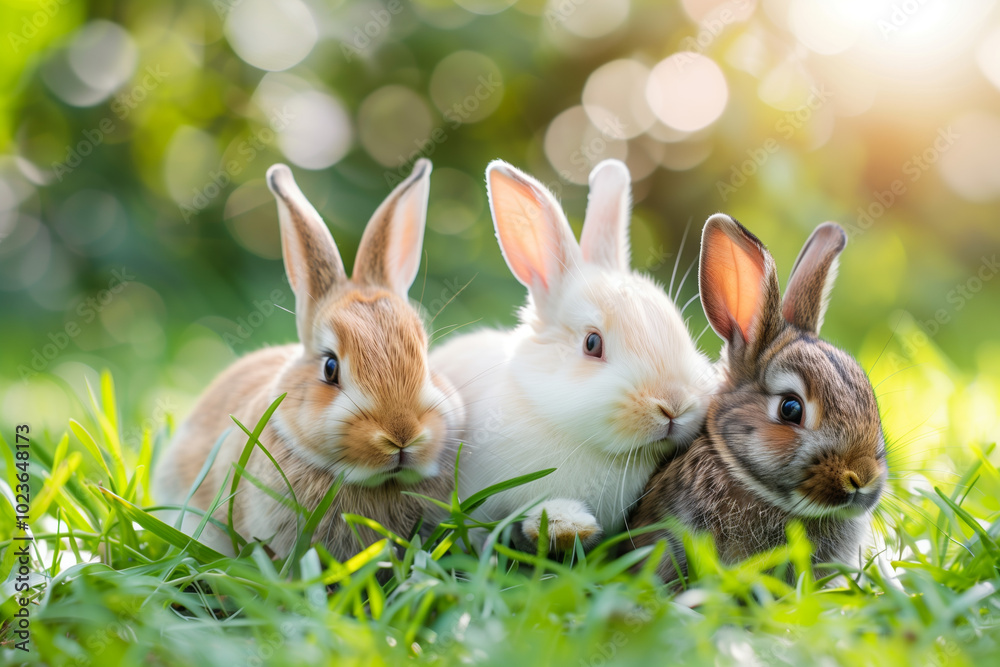 Fototapeta premium Three cute bunnies in the grass.