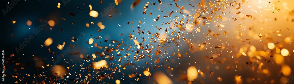 Dynamic explosion of golden particles against a blue backdrop, creating a vibrant, magical atmosphere perfect for celebrations. Dynamic explosion of golden particles against a blue backdrop, creating a vibrant, magical atmosphere perfect for celebrations.
