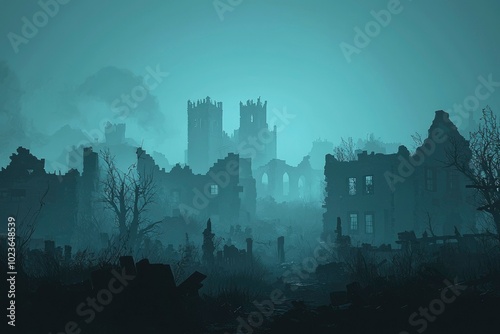 Ruined Cityscape Under a Foggy Sky photo