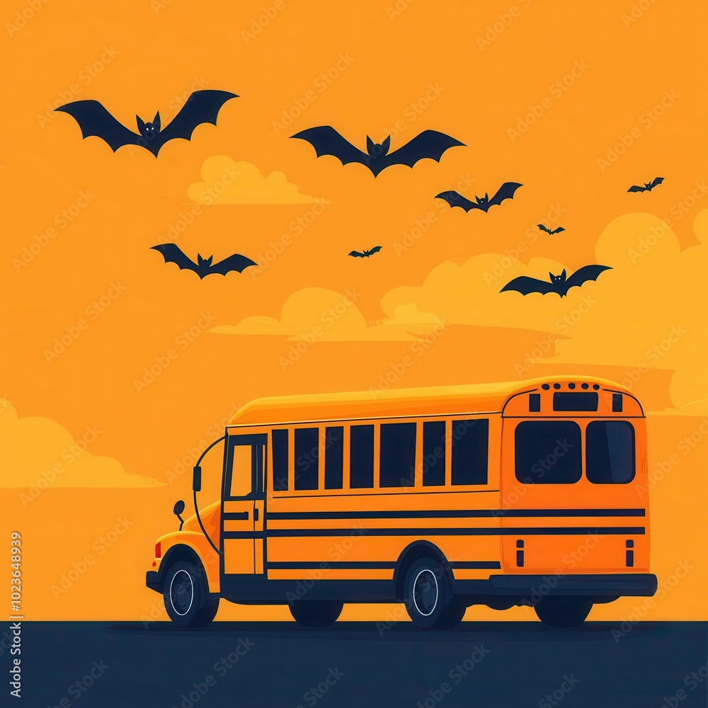 © JAKE STUDIO - Orange school bus with bats flying in an orange sky, spooky Halloween theme.