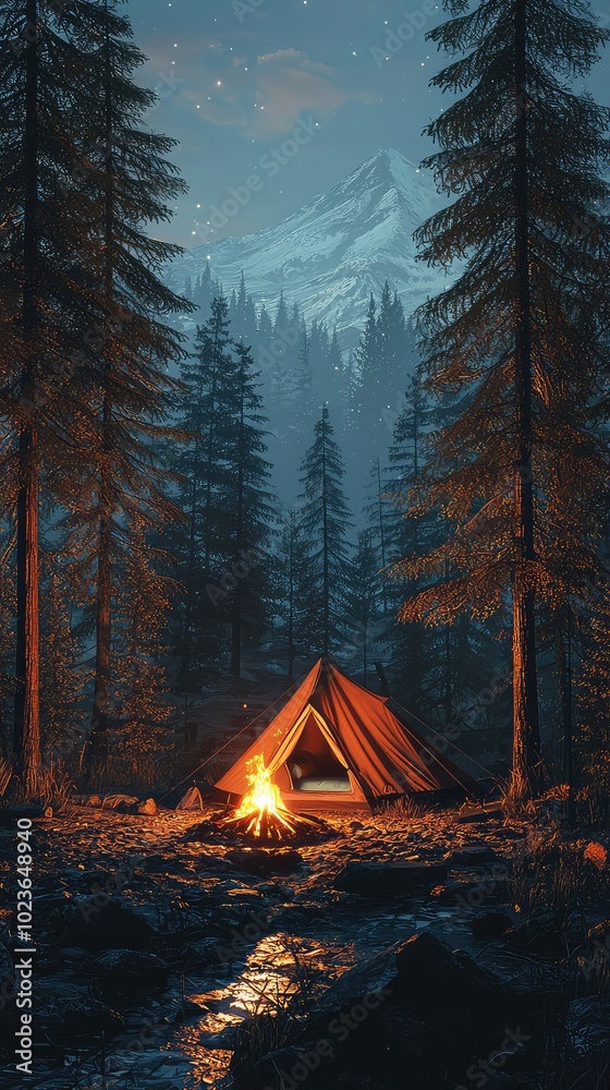 Serene Twilight Camping Scene with Cozy Fire Serene Twilight Camping Scene with Cozy Fire