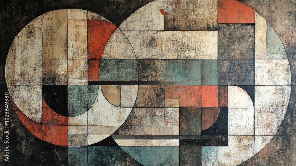 Abstract painting featuring a geometric design with a vintage texture showcasing a modern artistic interpretation of geometric patterns Abstract painting featuring a geometric design with a vintage texture showcasing a modern artistic interpretation of geometric patterns
