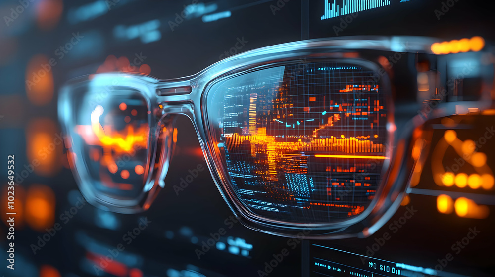 3D Close Up of Futuristic Market Trends: Augmented Reality Glasses Showcasing Dynamic Data Insights for Advanced Market Analysis and Strategic Business Planning 3D Close Up of Futuristic Market Trends: Augmented Reality Glasses Showcasing Dynamic Data Insights for Advanced Market Analysis and Strategic Business Planning
