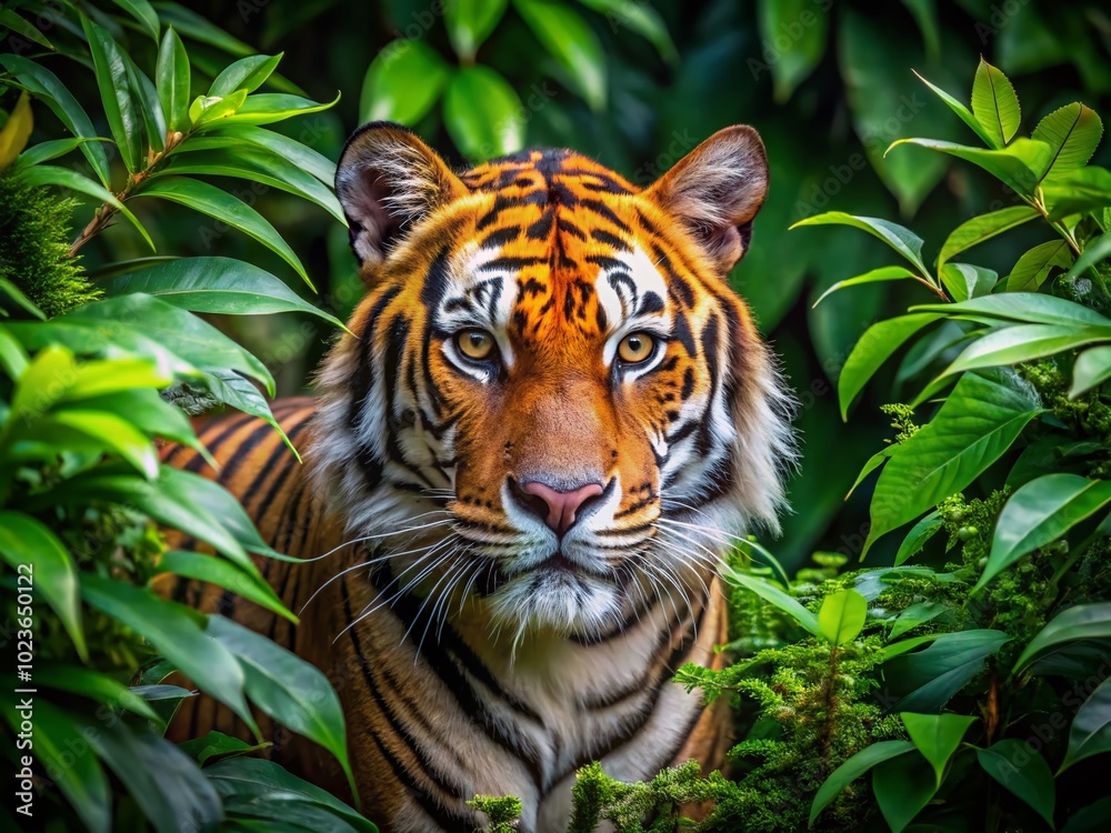 Fototapeta premium A majestic Bengal tiger emerges from dense foliage, its vibrant orange fur blending seamlessly with the lush greenery of the exotic jungle surroundings.