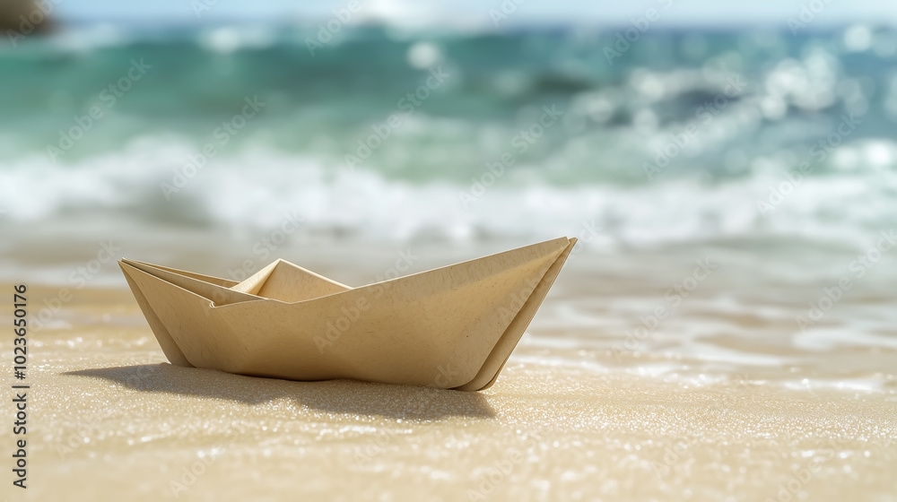 columbus day concept, paper ship on the beach sand columbus day concept, paper ship on the beach sand