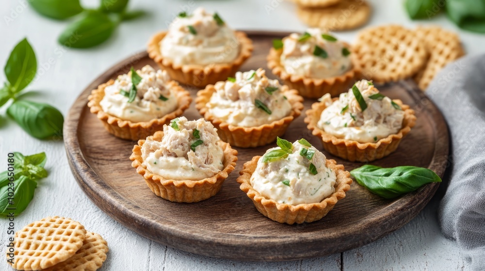 A wooden plate with eight small tart shells filled with a mixture of creamy filling, shredded chicken, and garnished with fresh basil. A wooden plate with eight small tart shells filled with a mixture of creamy filling, shredded chicken, and garnished with fresh basil.