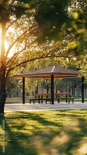 Serene Geometric Pavilion in a Tranquil Park Scene