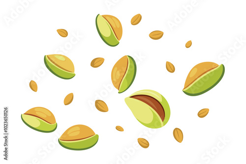 Isolated Falling Pistachio Nuts Flat Vector Illustration Set on White Background.