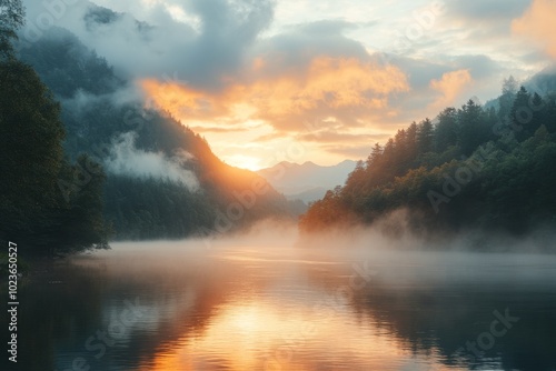 Golden sunrise illuminating misty lake with surrounding forest