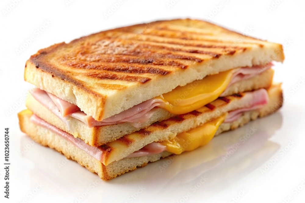 Grilled ham and cheese sandwich with creamy melted cheese and slices of ham on a white background Grilled ham and cheese sandwich with creamy melted cheese and slices of ham on a white background