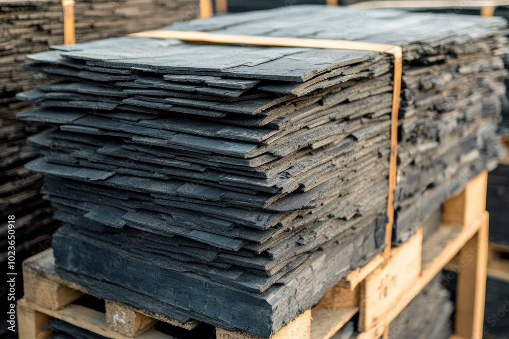 Stack of Black Slate Roofing Tiles on a Wooden Pallet