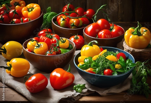 vibrant food ingredients beautifully arranged colorful bowls showcasing freshness variety, assorted, colors, vegetables, fruits, aromatic, spices, various