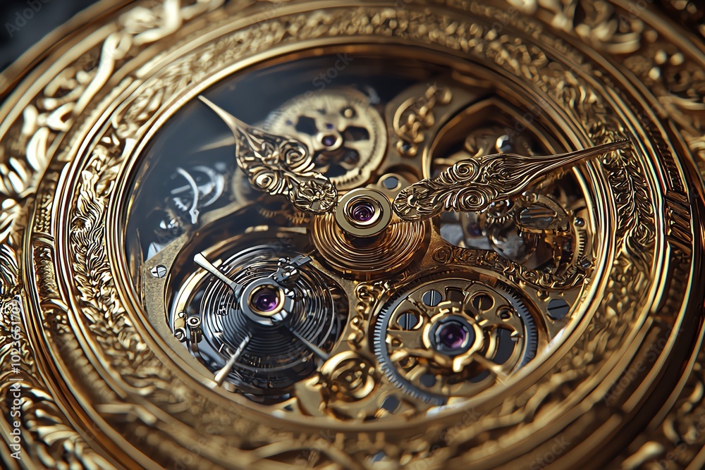 Obraz premium Intricate details of a vintage golden watch mechanism showcasing fine craftsmanship and timeless elegance.