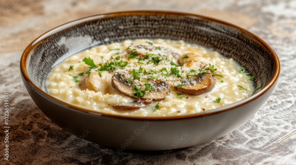 Creamy Mushroom Risotto in Stylish Bowl Creamy Mushroom Risotto in Stylish Bowl