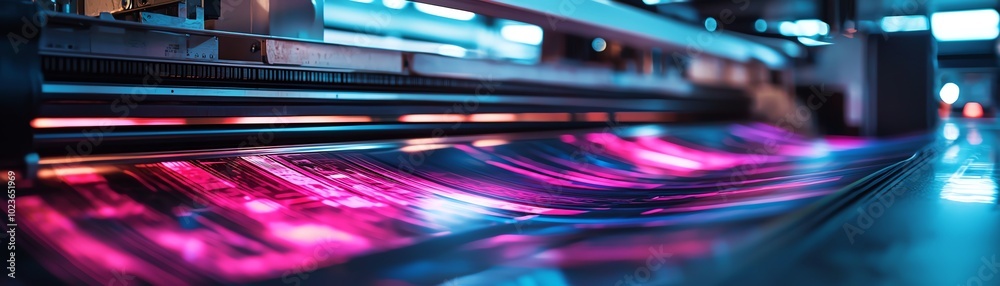Colorful print technology in action, showcasing vibrant ink as it flows through a high-speed printer. Colorful print technology in action, showcasing vibrant ink as it flows through a high-speed printer.
