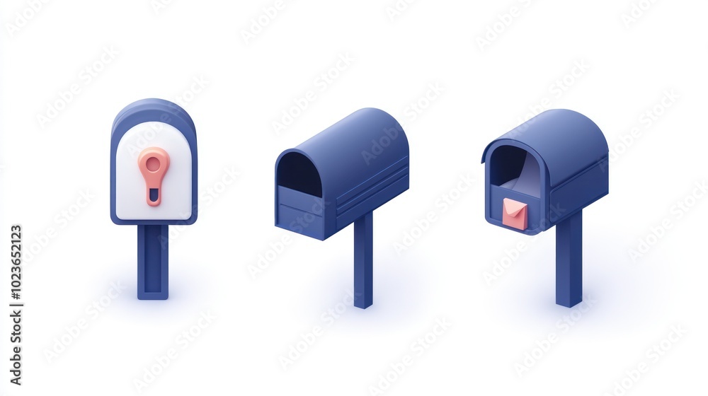Three Blue Mailboxes with Different States of Openness Three Blue Mailboxes with Different States of Openness