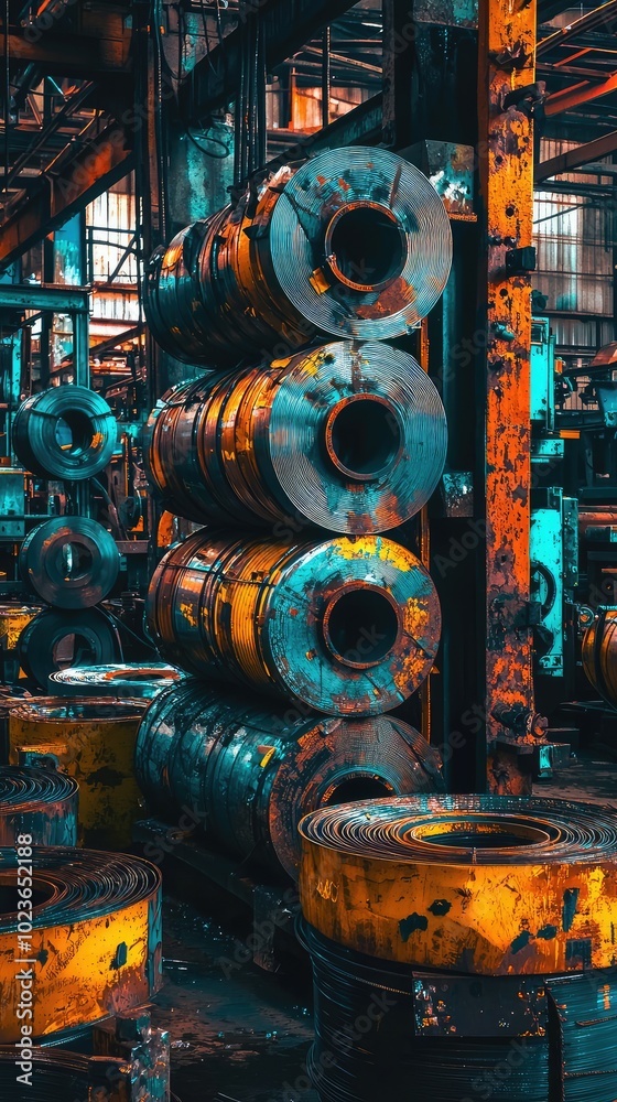 Industrial Backdrop with Stacked Rolled Steel Coils Industrial Backdrop with Stacked Rolled Steel Coils