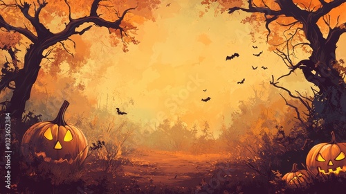 Enchanting Halloween Landscape: Pumpkins, Bats, and Autumn Ambiance