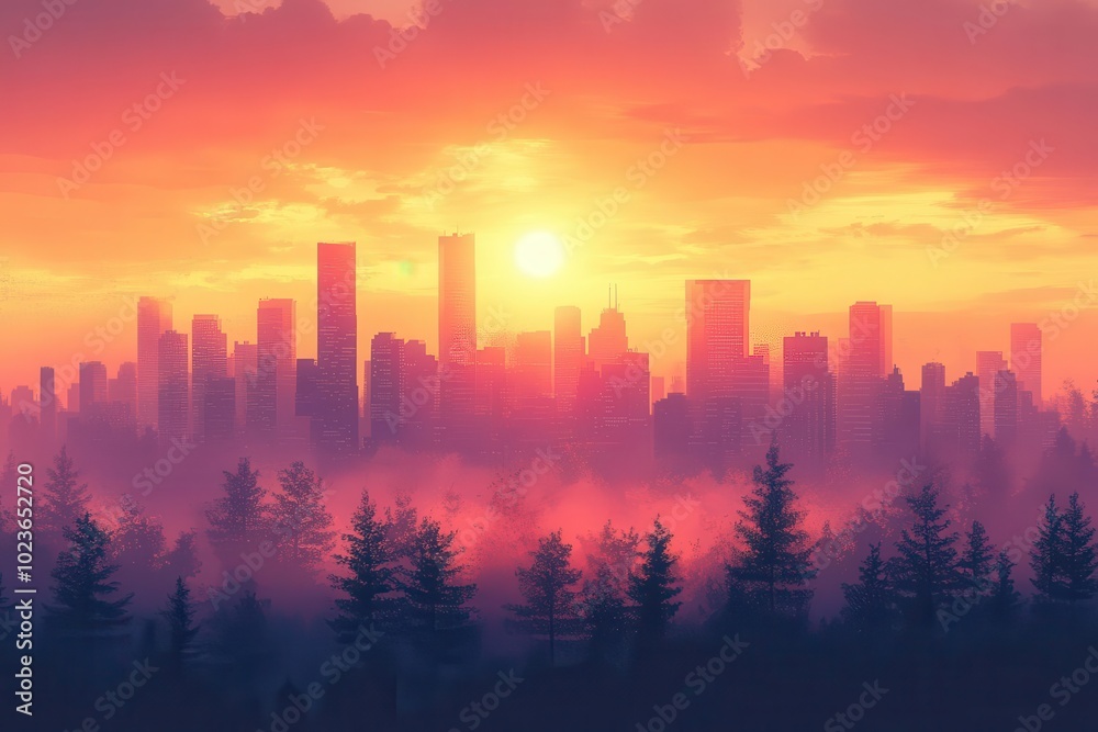 stylized vector illustration of a city skyline at sunset with warm hues casting a golden glow over the buildings creating a serene yet vibrant urban atmosphere stylized vector illustration of a city skyline at sunset with warm hues casting a golden glow over the buildings creating a serene yet vibrant urban atmosphere