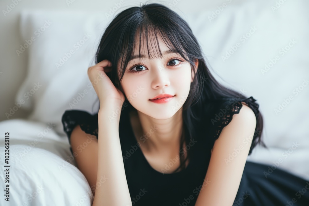 若い女性がベッドの上で微笑んでいる、静かな朝のひととき 若い女性がベッドの上で微笑んでいる、静かな朝のひととき