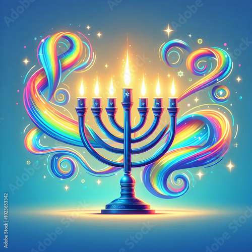 Vibrant Flat Glowing Menorah with Abstract Rainbow Light Streaks � Perfect for Festive Hanukkah Banners and Holiday Advertisements